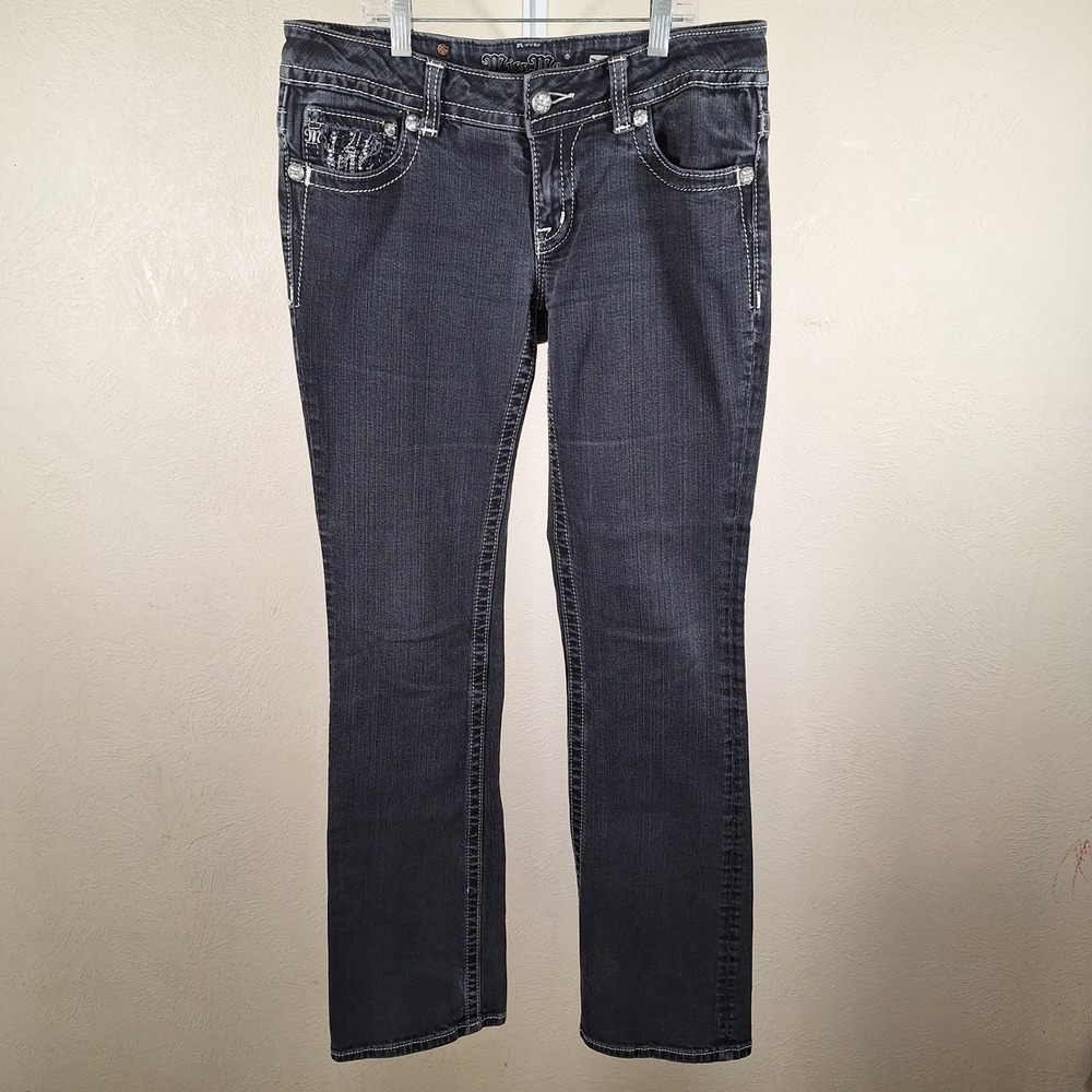 Miss Me Bootcut Black Denim Studded Bling Gem Flap Pockets 30   JP535184